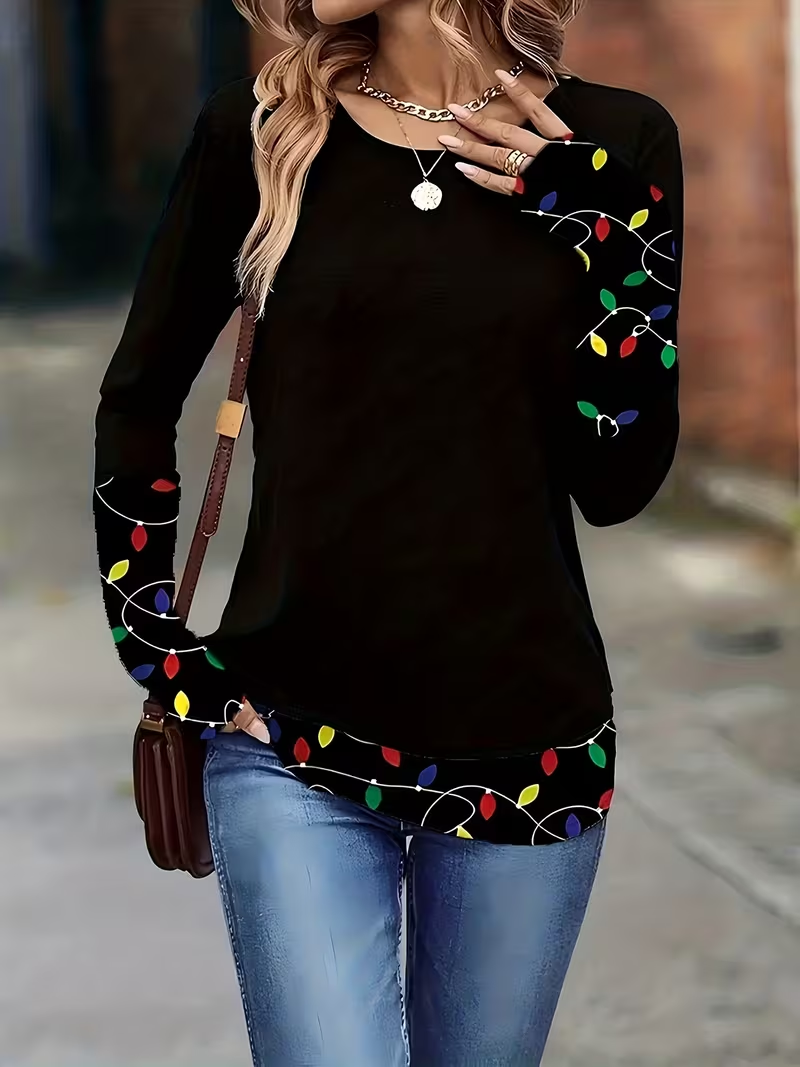 Casual Christmas Crew Neck Long Sleeve T-shirt