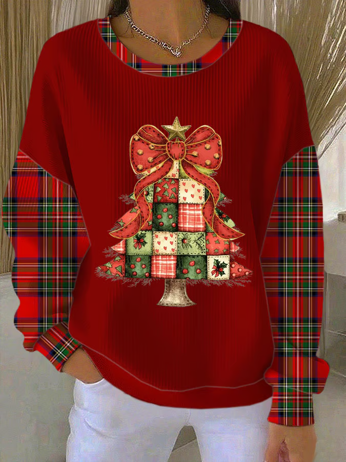 Casual Crew Neck Plaid Sweatshirt Printing