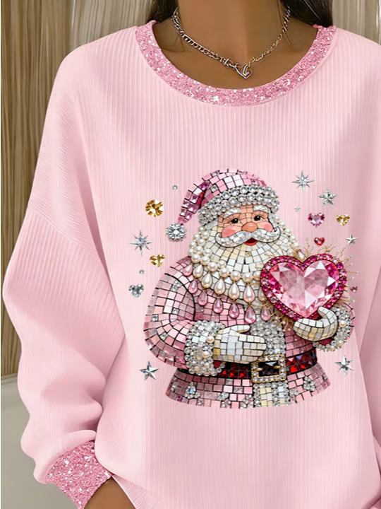 Casual Crew Neck Santa Claus Sweatshirt Printing