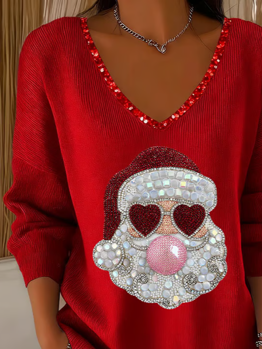Casual Santa Claus V Neck Long Sleeve T-shirt