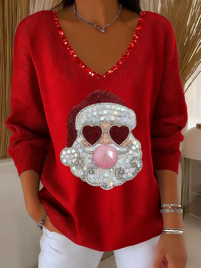 Casual Santa Claus V Neck Long Sleeve T-shirt