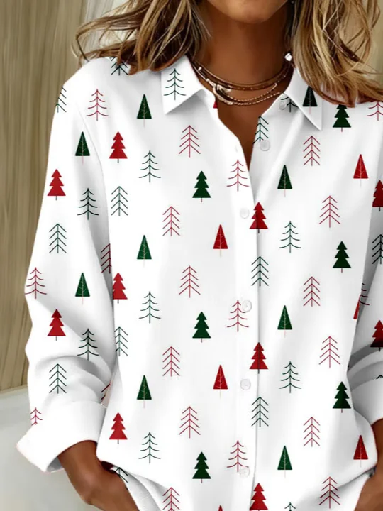 Shirt Collar Regular Sleeve Long Sleeve Christmas Buckle Regular Loose Button Up Shirt Shirt For Women