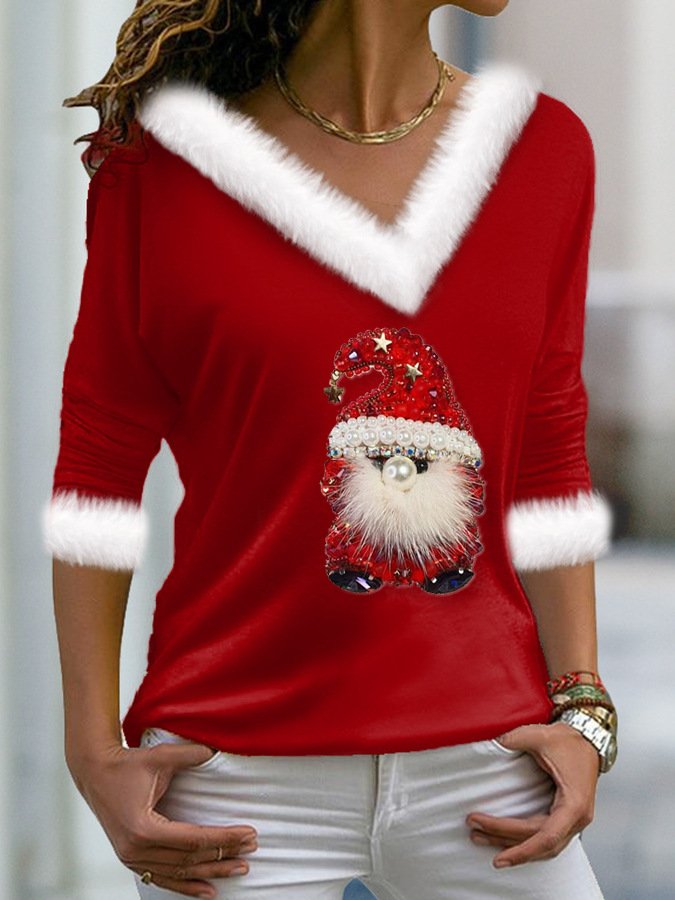 Casual Geometric V Neck Long Sleeve T-shirt