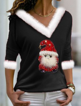 Casual Geometric V Neck Long Sleeve T-shirt