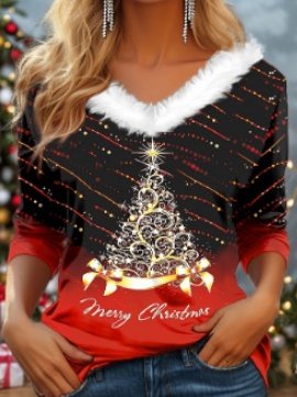 Casual Geometric V Neck Long Sleeve T-shirt