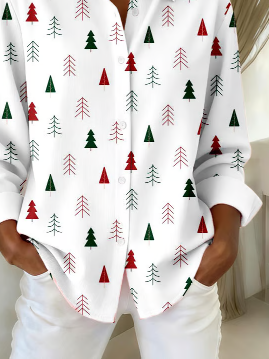 Shirt Collar Regular Sleeve Long Sleeve Christmas Buckle Regular Loose Button Up Shirt Shirt For Women