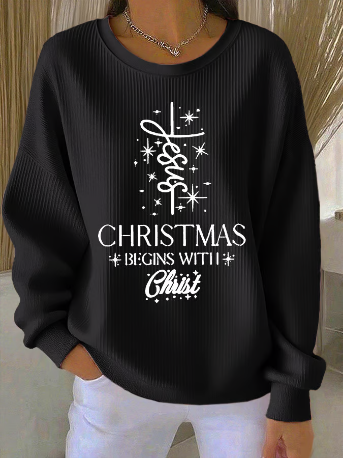 Casual Crew Neck Christmas Sweatshirt Printing