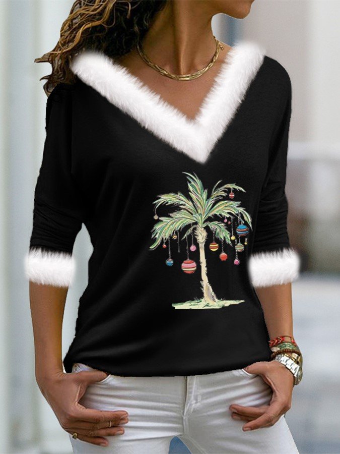 Casual Geometric V Neck Long Sleeve T-shirt