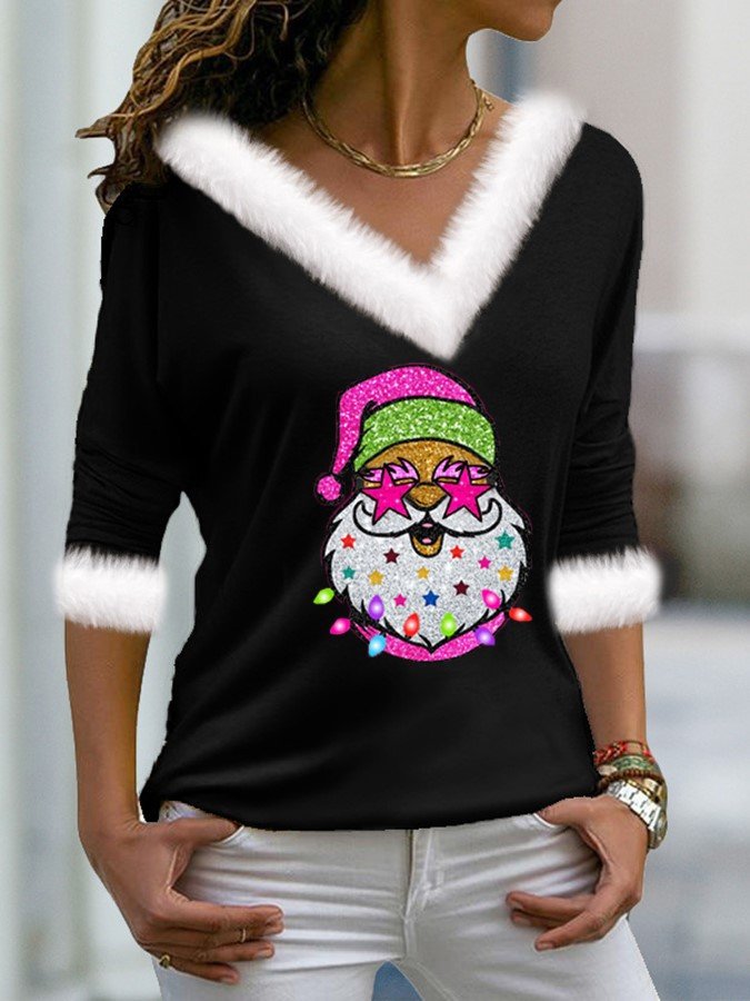 Casual Geometric V Neck Long Sleeve T-shirt