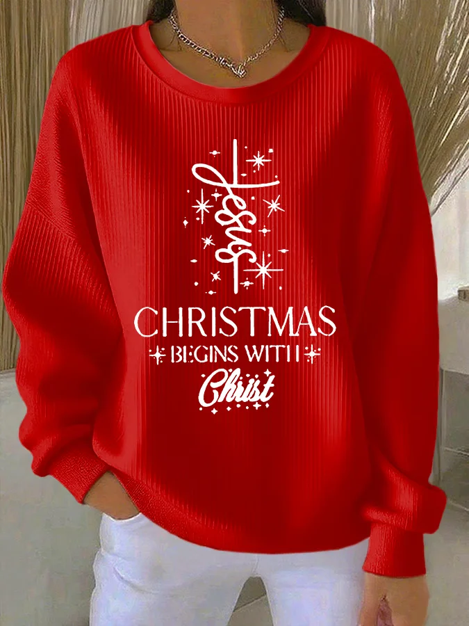 Casual Crew Neck Christmas Sweatshirt Printing