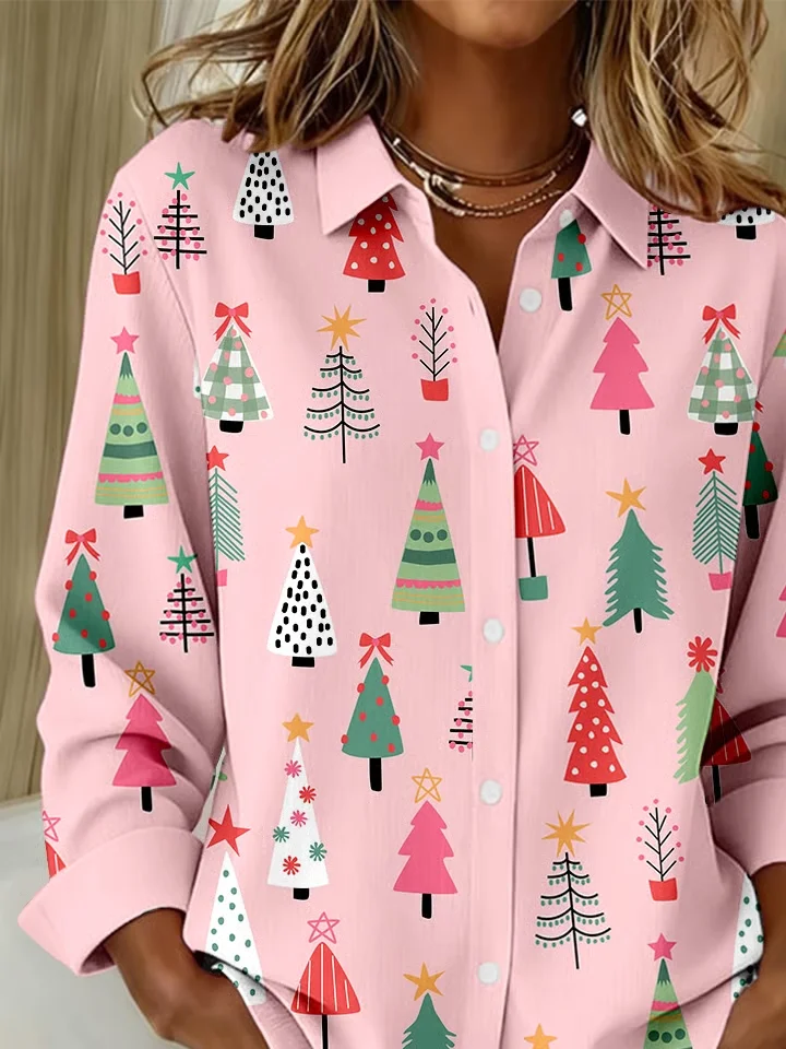 Shirt Collar Regular Sleeve Long Sleeve Christmas Buckle Regular Loose Button Up Shirt Shirt For Women