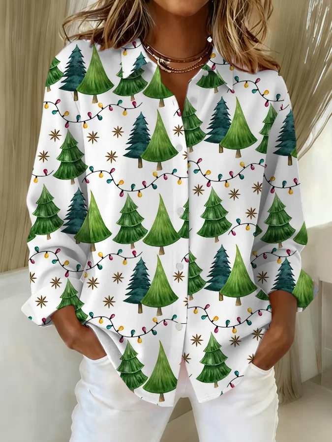 Shirt Collar Regular Sleeve Long Sleeve Christmas Buckle Regular Loose Button Up Shirt Shirt For Women