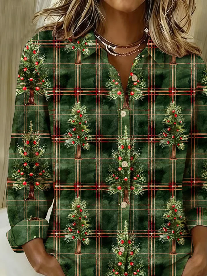 Shirt Collar Regular Sleeve Long Sleeve Christmas Buckle Regular Loose Button Up Shirt Shirt For Women