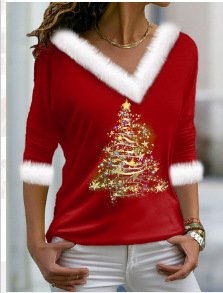 Casual Geometric V Neck Long Sleeve T-shirt