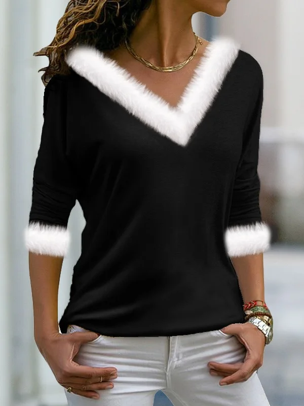 Casual Geometric V Neck Long Sleeve T-shirt
