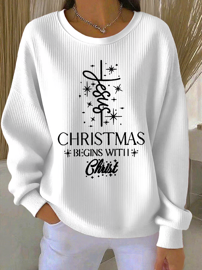Casual Crew Neck Christmas Sweatshirt Printing