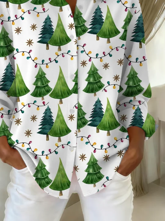 Shirt Collar Regular Sleeve Long Sleeve Christmas Buckle Regular Loose Button Up Shirt Shirt For Women