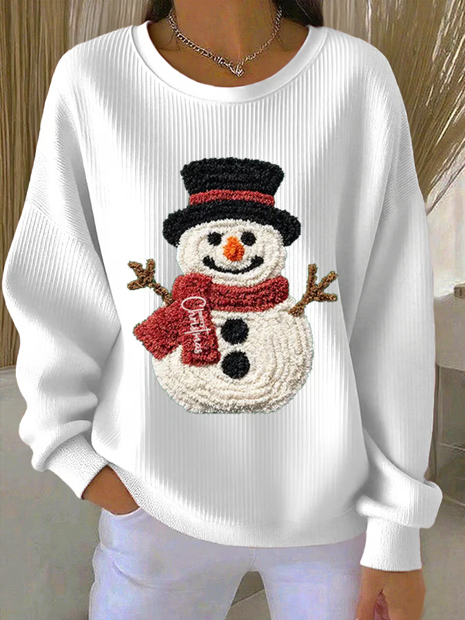 Casual Crew Neck Christmas Snowman Sweatshirt Printing