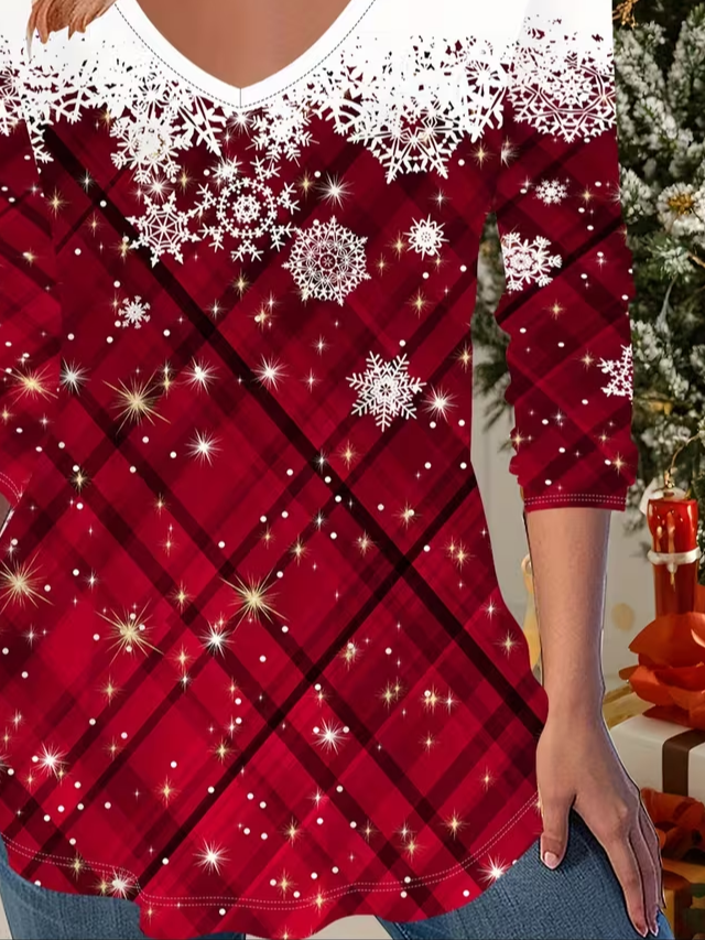 Casual Christmas V Neck Long Sleeve T-shirt