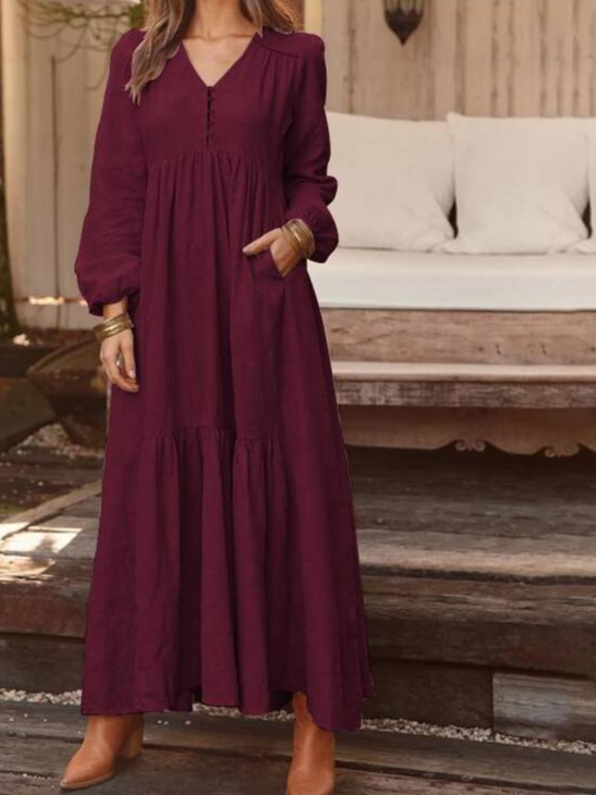 Women Plain Spring/Fall Dress V Neck Long Sleeve A-Line Dress