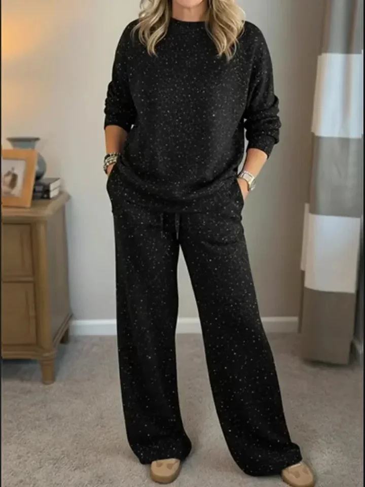 Women Plain Glitter Two-Piece Set Daily Long Sleeve Casual Spring/Fall Top With Pants Matching Set