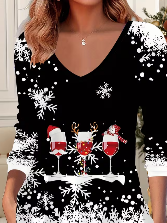 Casual Christmas V Neck Long Sleeve T-shirt