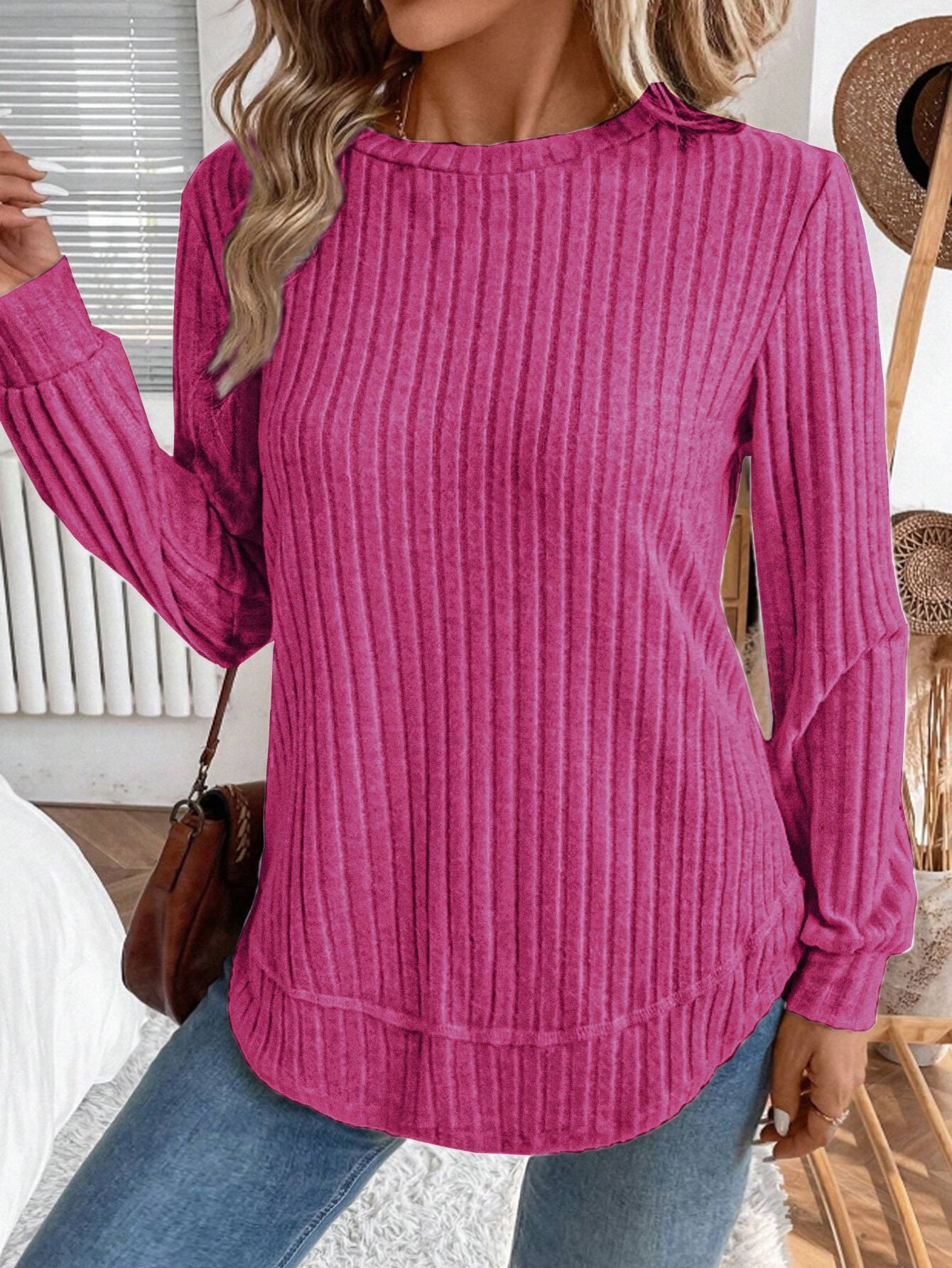 Plain Crew Neck Jersey Casual Knit Top