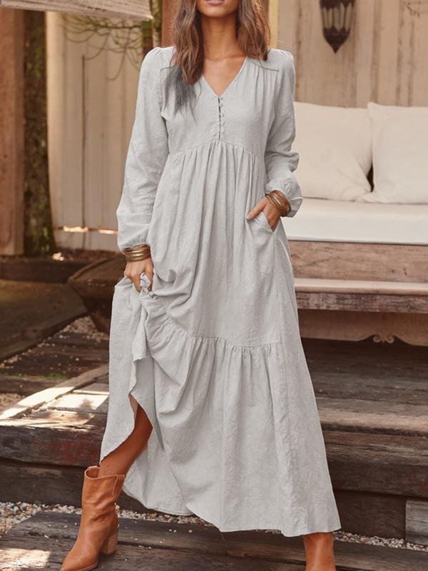 Women Plain Spring/Fall Dress V Neck Long Sleeve A-Line Dress