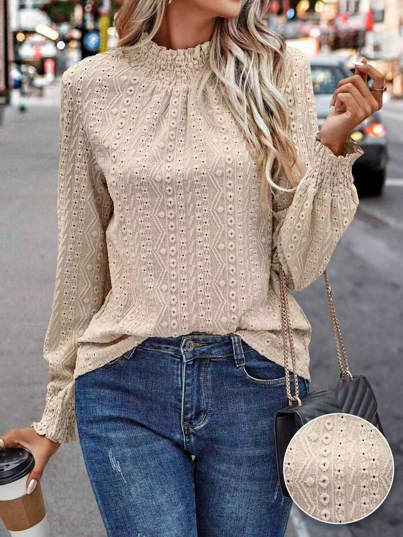Elegant Plain Stand Collar Long Sleeve T-shirt