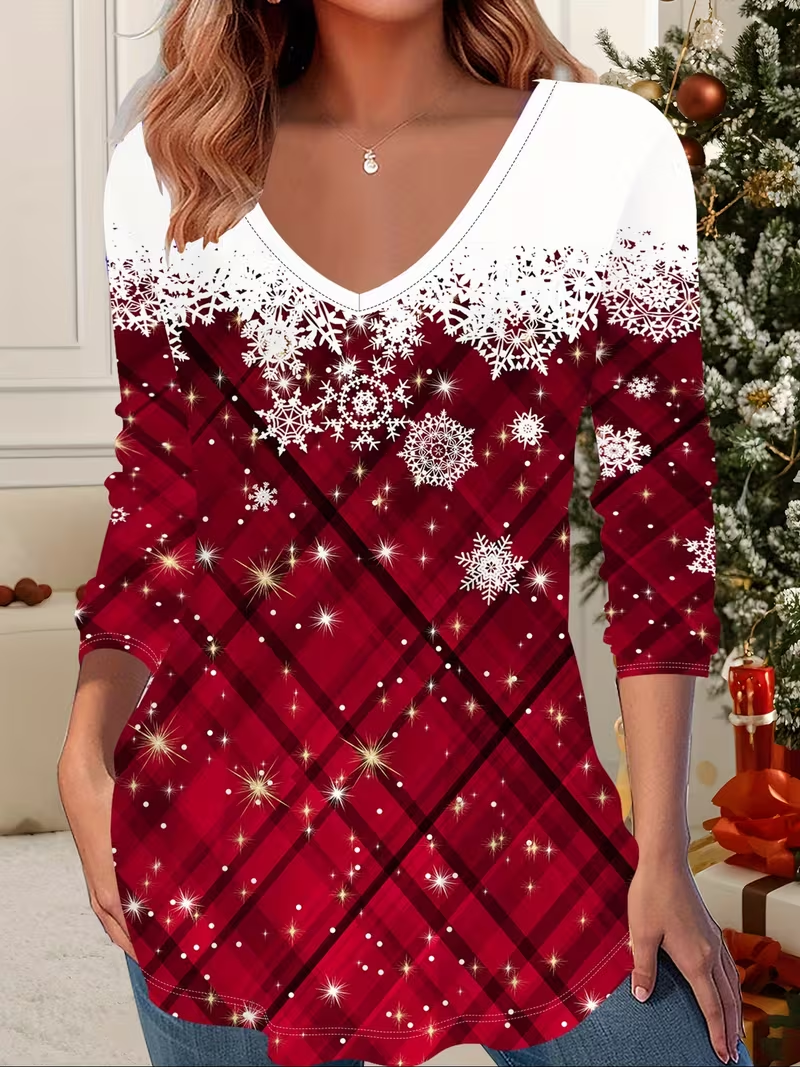 Casual Christmas V Neck Long Sleeve T-shirt