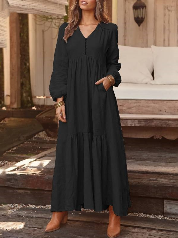 Women Plain Spring/Fall Dress V Neck Long Sleeve A-Line Dress