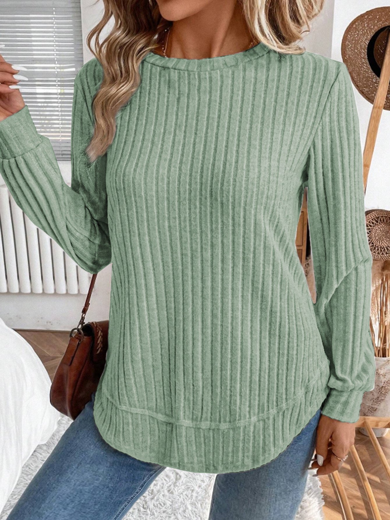 Plain Crew Neck Jersey Casual Knit Top