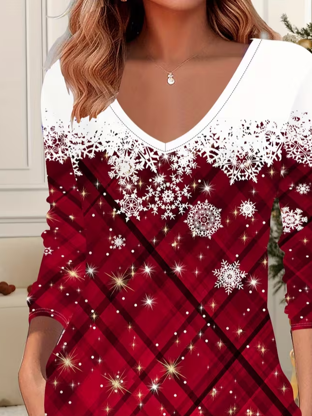 Casual Christmas V Neck Long Sleeve T-shirt