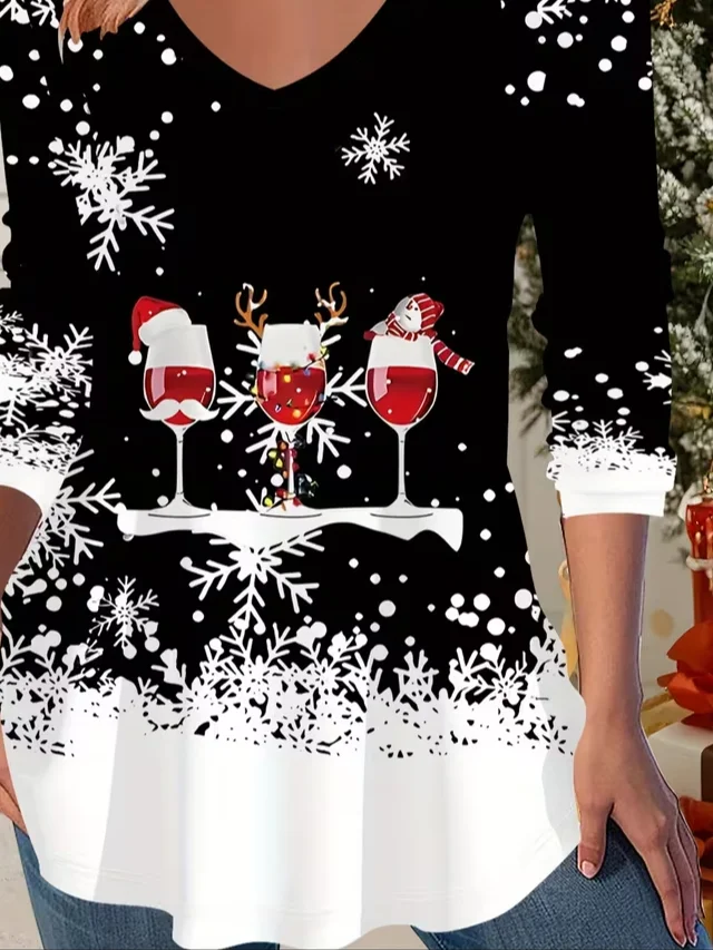 Casual Christmas V Neck Long Sleeve T-shirt