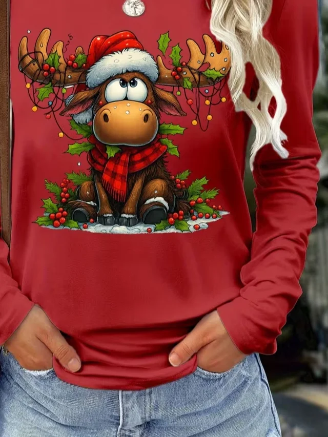 Casual Christmas Crew Neck Long Sleeve T-shirt