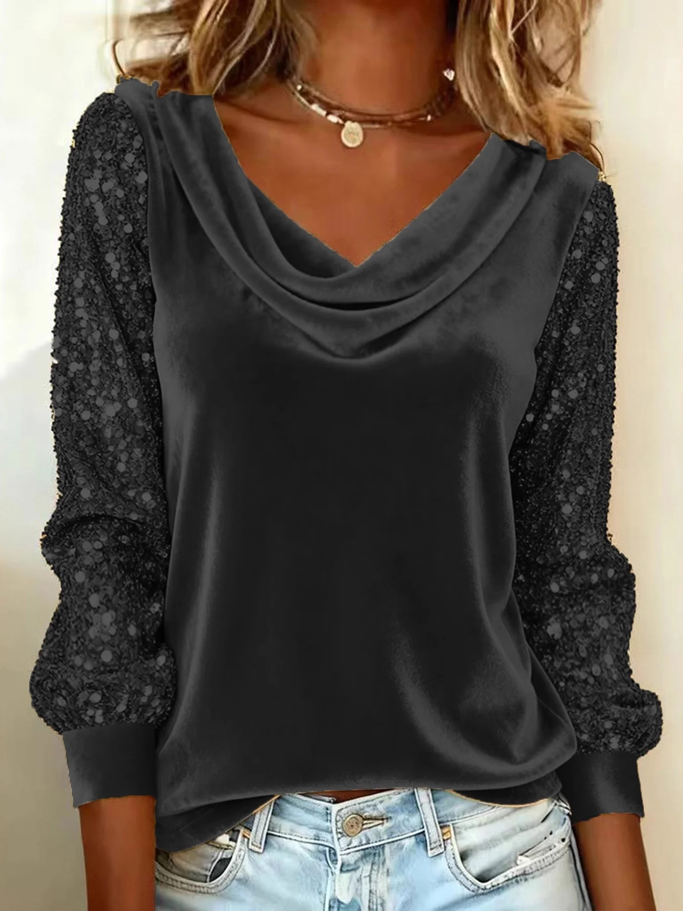 Vintage Plain Cowl Neck Long Sleeve T-shirt