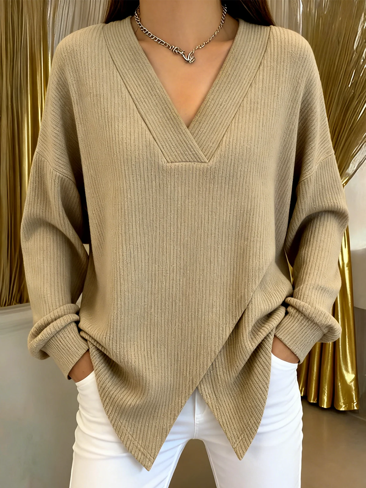 Casual Plain V Neck Long Sleeve T-shirt