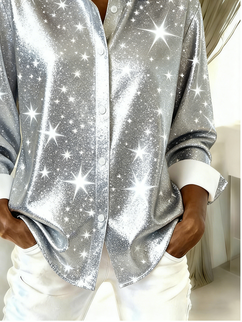 Shirt Collar Long Sleeve Star Regular Loose Shirt For Women