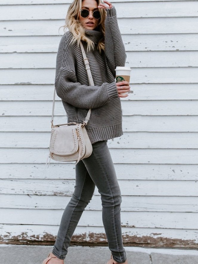 Women Plain Long Sleeve Comfy Street Split Joint Sweater