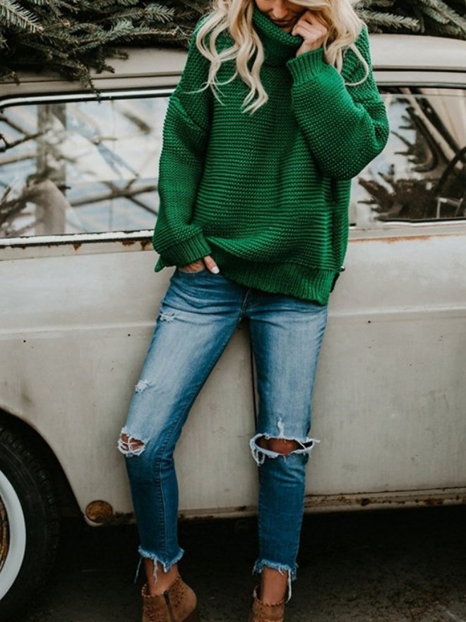 Women Plain Long Sleeve Comfy Street Split Joint Sweater