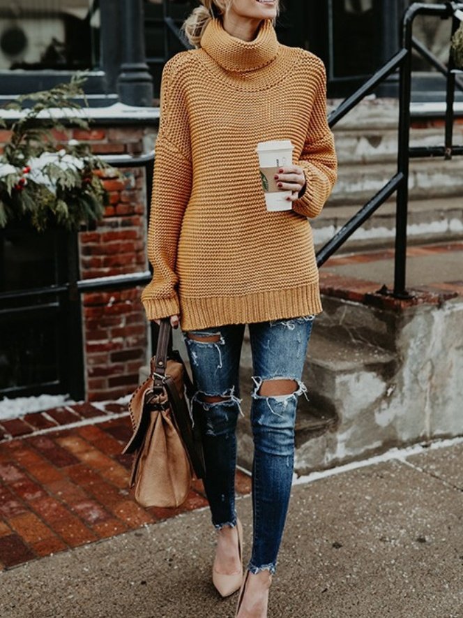 Women Plain Long Sleeve Comfy Street Split Joint Sweater