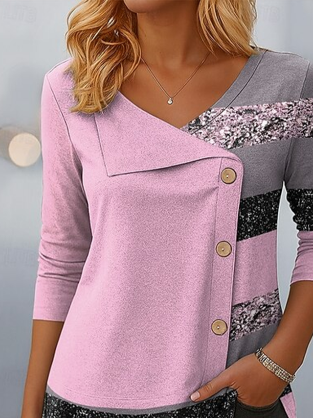 Casual Abstract Stripes V Neck Long Sleeve T-shirt