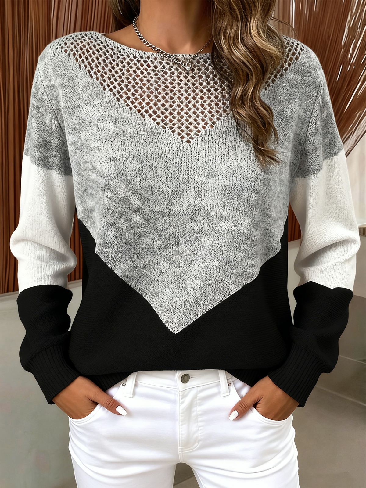 Geometric Elegant Crew Neck Loose Knit Top