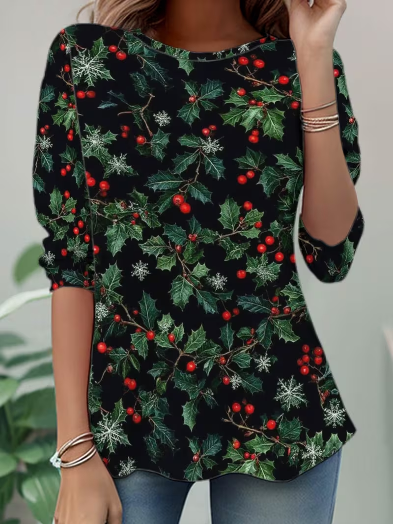 Casual Christmas Crew Neck Long Sleeve T-shirt