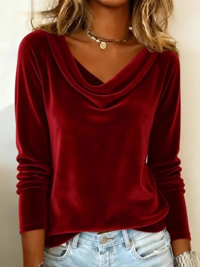 Vintage Plain Cowl Neck Long Sleeve T-shirt