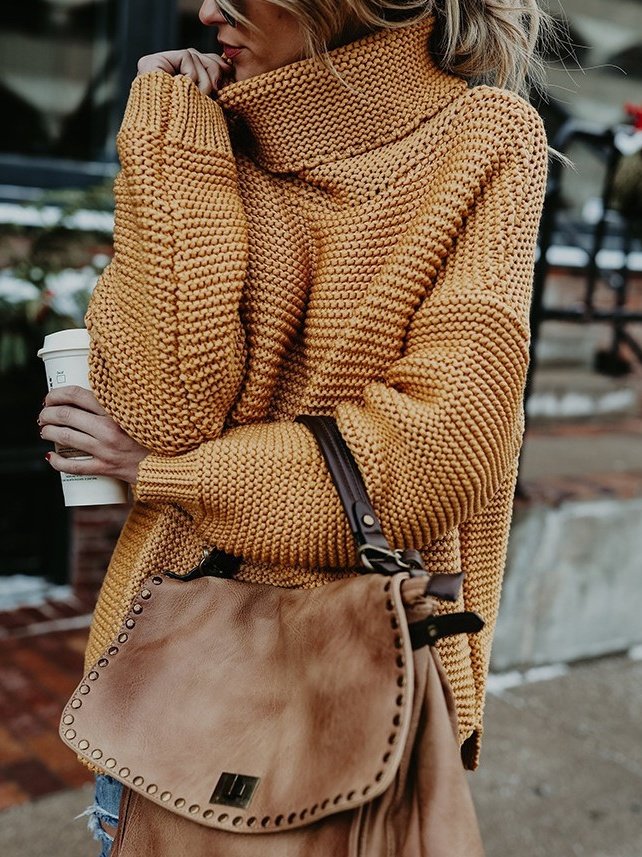 Women Plain Long Sleeve Comfy Street Split Joint Sweater