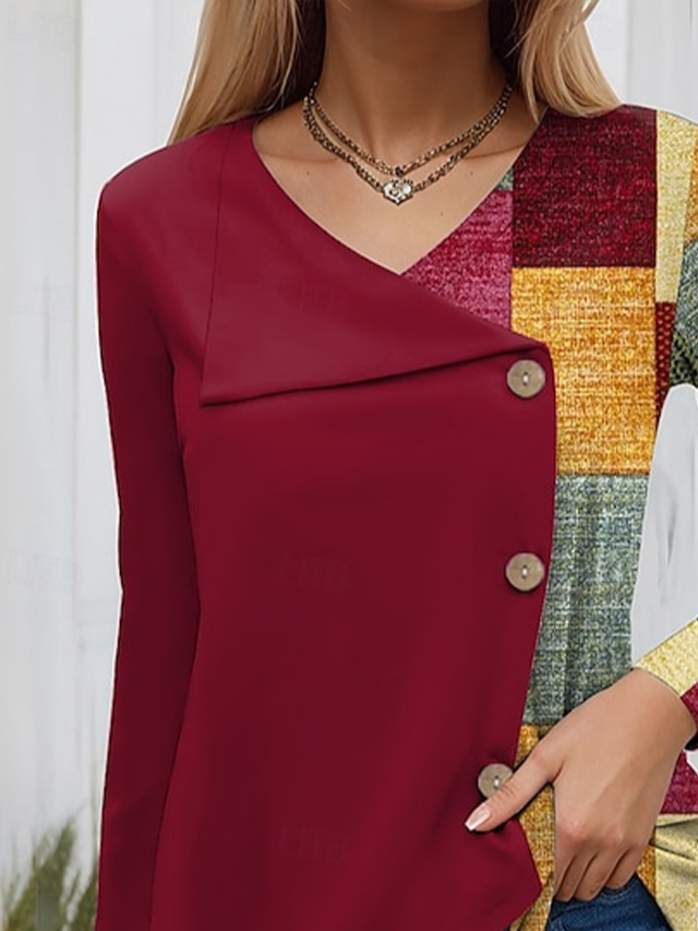 Casual Plaid V Neck Long Sleeve T-shirt