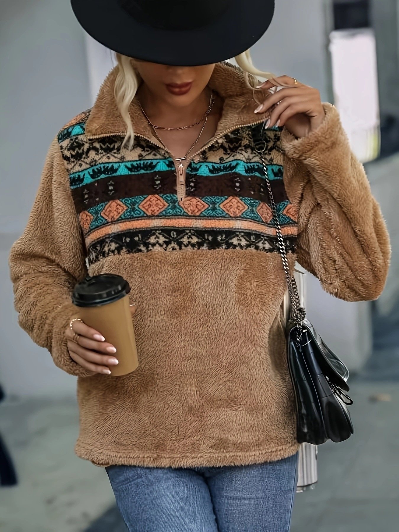 Vintage Stand Collar Geometric Sweatshirt Printing