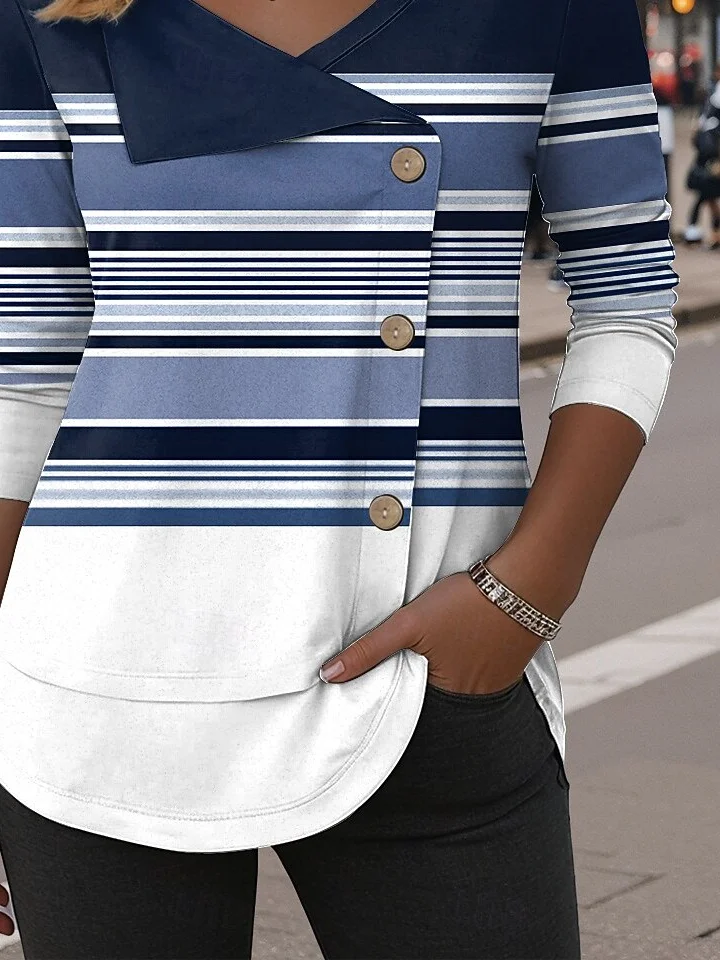 Casual Striped V Neck Long Sleeve T-shirt