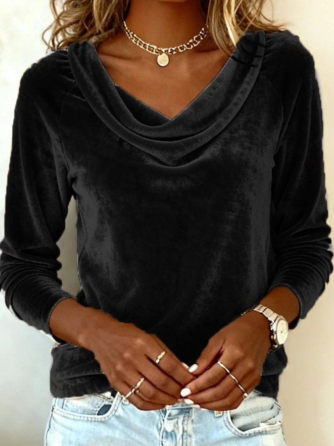Vintage Plain Cowl Neck Long Sleeve T-shirt